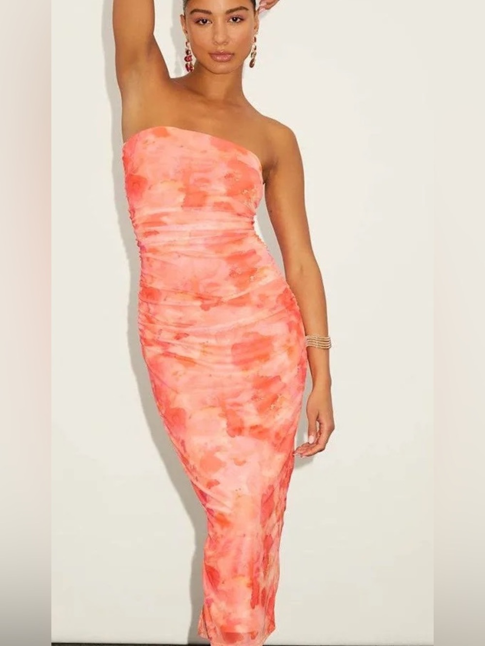 NWT Sz L Lulus Late Night Crush Orange Multi Mesh Ruched Strapless Midi Dress
